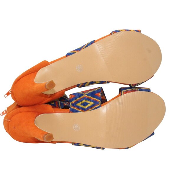 Tribal Gladiator 9.5M Blue Orange Multicolored Ankle Strap Zipper Accent Heels - Picture 7 of 7